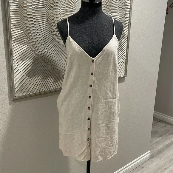 Lulus Cream Linen Blend Button Down Dress with pockets Medium - Picture 1 of 6